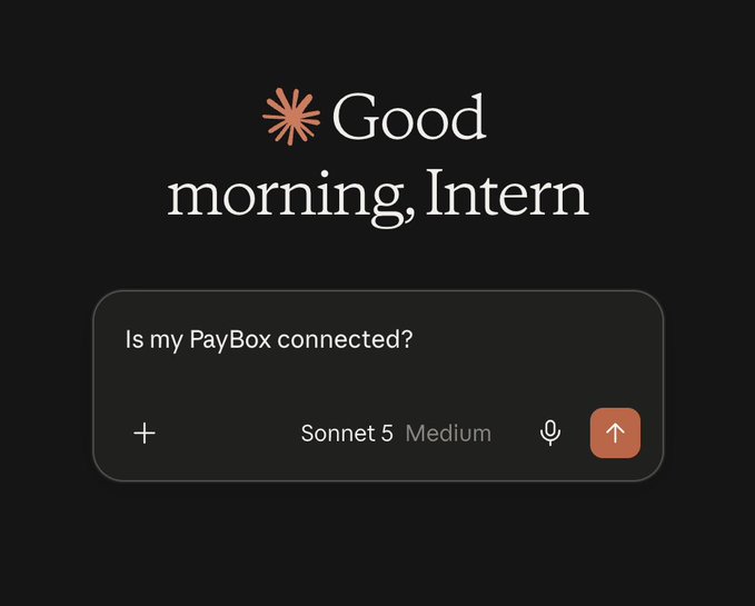 A dark-themed chatbot interface displays "Good morning, Intern" at the top, with a user query reading "Is my PayBox connected?" and the model selected as "Sonnet 5 Medium".