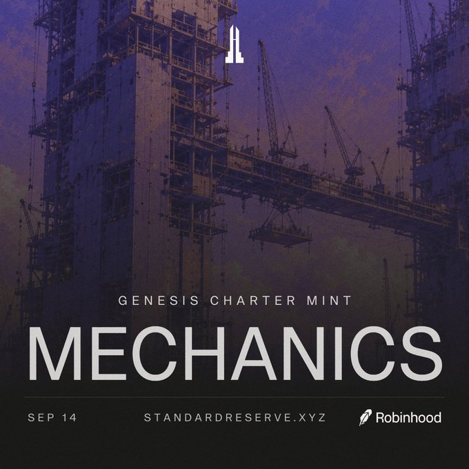 A duplicate of the 'GENESIS CHARTER MINT - MECHANICS' promotional graphic showing industrial cranes with a purple-toned sky and Robinhood branding.