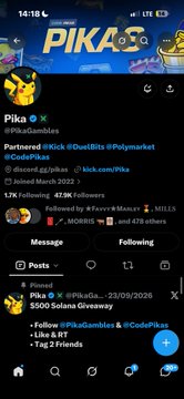 A Twitter/X profile for 'Pika' (@PikaGambles), partnered with Kick, DustPicks, Polymarket, CodePksa, boasting 1.7K following and 43.8K followers, with a pinned tweet about a $500 Solami giveaway.