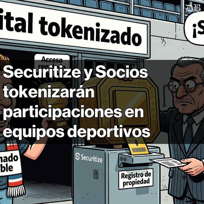 Cartoon-style illustration with Spanish text reading 'Securitize y Socios tokenizarán participaciones en equipos deportivos' depicting a tokenized stadium and property registration booth.