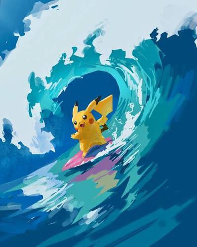 A vibrant illustration of Pikachu surfing on a colorful board inside a large blue ocean wave.