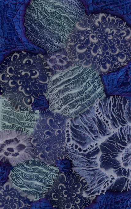 An abstract textured artwork featuring overlapping circular and fan-like patterns in shades of blue, teal, and purple with intricate woven details.