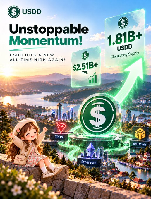 USDD cryptocurrency promotional graphic titled 'Unstoppable Momentum!' showing '1.81B+ USDD Circulating Supply' and '$2.51B+ TVL', featuring logos for Tron, Ethereum, and BNB Chain with an illustrated cartoon girl.