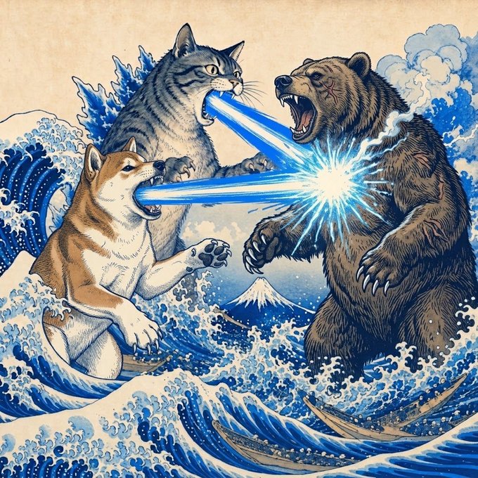 A Shiba Inu and tabby cat unleash powerful blue energy beams from their mouths, clashing with a roaring brown bear amid crashing waves in a ukiyo-e-style battle scene, symbolizing bullish momentum overpowering bearish forces.