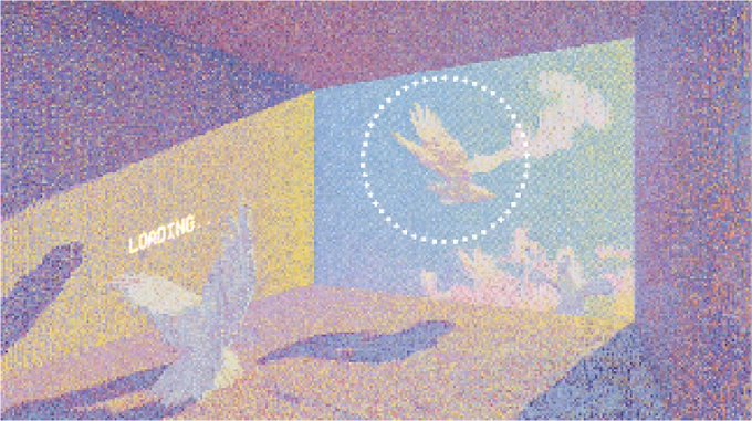 The image features a painting with two birds, one white and one blue, flying over a bedspread that has a circular pattern of dots. The background appears to be purple or pinkish-purple, depending on the lighting conditions. The painting is titled "Unfinished" in the bottom left corner, which suggests it might have been completed but not yet finished. The post also mentions that this artwork was created by an artist named @objktcom and has a value of 150xtz.