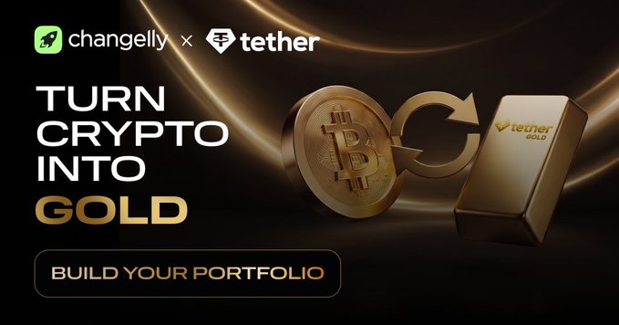 An advertisement featuring changelly and tether logos with the text "TURN CRYPTO INTO GOLD" and a "BUILD YOUR PORTFOLIO" button, showing a gold Bitcoin coin and a tether gold bar.