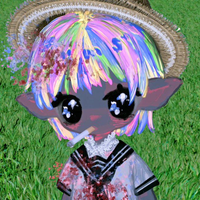 An AI-generated digital illustration of a stylized character with rainbow-colored hair, large anime-style eyes, a straw hat, and a cigarette in its mouth, standing in a grassy field with a glitchy, painterly filter applied.