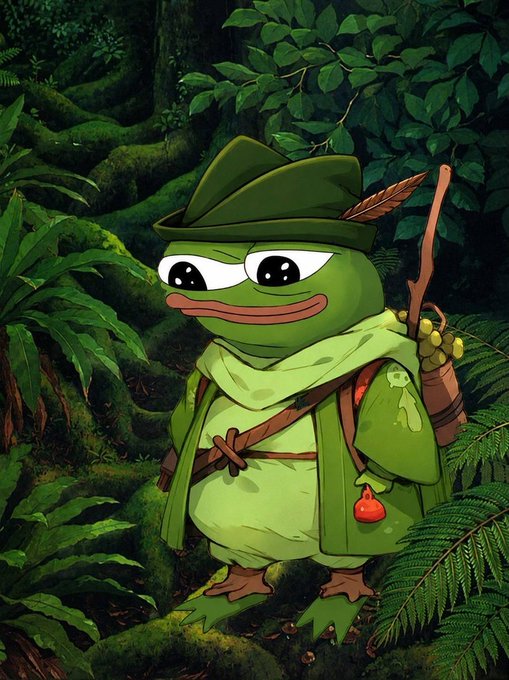 An illustration of a green Pepe frog dressed as a forest ranger or adventurer, wearing a green hat with a feather, a scarf, and carrying a wooden staff in a lush jungle setting.