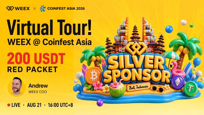 A vibrant promotional banner for WEEX's Silver Sponsorship at Coinfest Asia 2026 in Bali, Indonesia, featuring a 3D tropical scene complete with Balinese temples, palm trees, and crypto-themed floats, announcing a 200 USDT red packet giveaway during a virtual tour hosted by WEEX COO Andrew on August 21 at 16:00 UTC+8.