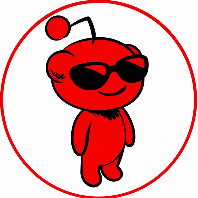 A red cartoon character wearing black sunglasses with an antenna on its head, standing inside a red circular border.