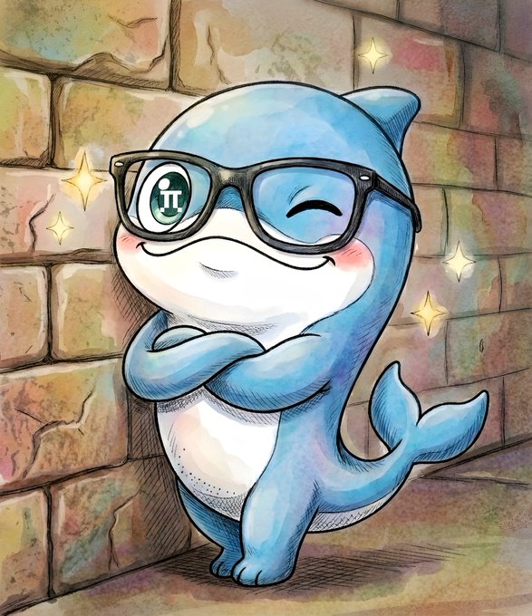 A cartoon illustration of a cute blue shark with a white belly, wearing black glasses with a green logo on one lens, leaning against a brick wall with folded arms and a content smile.