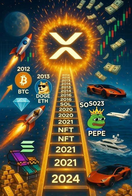 A vertical infographic showing an XRP logo at the top of a ladder of milestones from 2012 to 2024, featuring Bitcoin (BTC), Dogecoin (DOGE), Ethereum (ETH), Solana (SOL), PEPE, and NFT references alongside luxury items like sports cars, a yacht, and a private jet.
