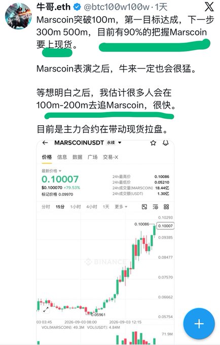 A Chinese tweet from @btc100w100w discussing Marscoin breaking 100m, projecting next targets of 300m-500m, with 90% confidence in a short squeeze, alongside a Binance chart showing MARSCOINUSDT up 79.53% to 0.10007.