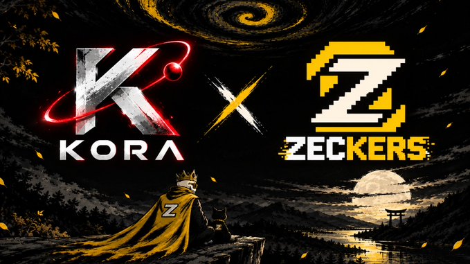 A promotional banner for 'KORA x ZECKERS' collaboration, displaying both logos in metallic and pixelated gold styling, with a figure in a yellow cape overlooking a moonlit landscape with a torii gate.