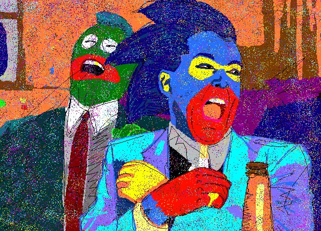 A stylized, colorful pointillist digital artwork depicting two figures with multicolored faces and exaggerated features wearing suits, one holding a beer bottle.