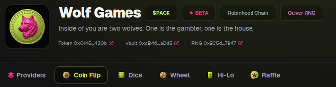 The image shows the Wolf Games interface on the Robinhood Chain, featuring a pink wolf logo alongside the tagline "Inside of you are two wolves. One is the gambler, one is the house." It displays contract addresses for Token (0x0145...430b), Vault (0xc846...ad45), and RNG (0xEC5d...7947), with $PACK and BETA badges, and game options including Coin Flip, Dice, Wheel, Hi-Lo, and Raffle powered by Quiver RNG.