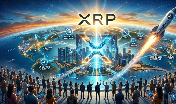 A promotional graphic for XRP showing a glowing logo above a futuristic city, with labels for Banks, Liquidity Hubs, CBDCs, and Cross-Border Settlement, surrounded by a cheering crowd and a rocket launch.