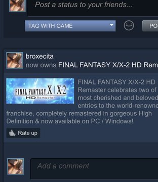 A Steam social feed screenshot shows user "broxecita" announcing ownership of "FINAL FANTASY X/X-2 HD Remaster" alongside a promotional banner for the game's HD Remaster release on PC/Windows. The image connects to the nostalgic post by highlighting the user's recent purchase and excitement over returning to classic JRPGs, mirroring the sentiment of reminiscing about beloved older games.