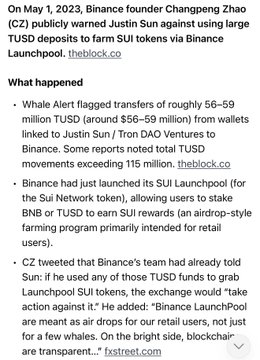 The image shows a social media post summarizing that on May 1, 2023, Binance founder Changpeng Zhao publicly warned Justin Sun against using large TUSD deposits to farm SUI tokens via Binance Launchpool, noting that roughly $56–59 million TUSD was transferred from wallets linked to Justin Sun/TRON DAO Ventures. This relates directly to the accompanying post, which draws a parallel between that incident and the current WLFI situation where Justin Sun is again accused of attempting to exploit token launches meant for retail users.