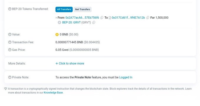 The image shows a blockchain transaction record for 1,500,000 BEP-20 GRVT tokens transferred from address 0x2A77acA6...57Eb756f6 to 0x317cd61F...9f4E7A12b on the BNB Smart Chain, with a transaction fee of 0.00000771445 BNB. This appears to be promotional evidence of a large GRVT token transfer, likely to support the upcoming Binance GRVT Booster event launching on July 10th at 07:00 UTC.