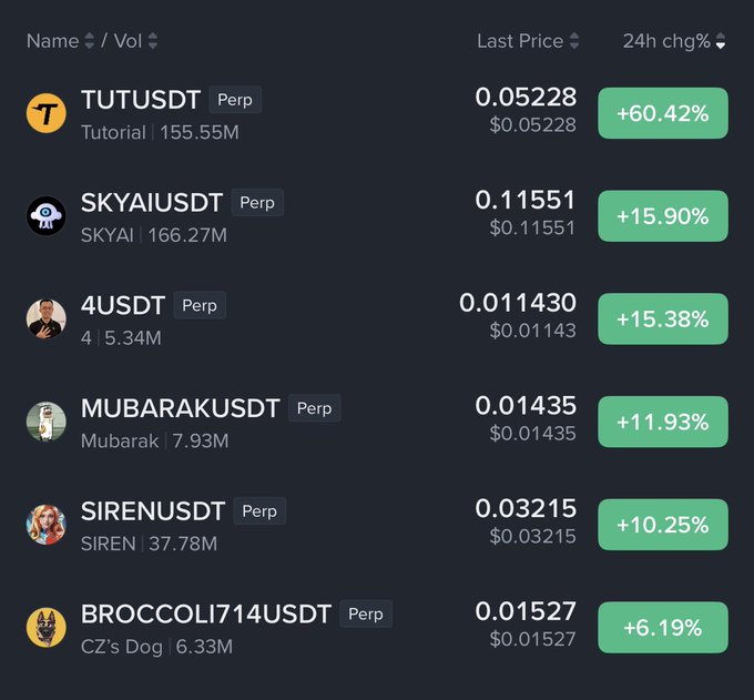 A cryptocurrency trading platform displays top-performing perpetual futures pairs on what appears to be BNB Chain, with TUTUSDT leading at +60.42% (last price 0.05228), followed by SKYAIUSDT (+15.90%), 4USDT (+15.38%), MUBARAKUSDT (+11.93%), SIRENUSDT (+10.25%), and BROCCOLI714USDT (+6.19%). The image visually supports the post's claim about meme coins gaining momentum on BNB Chain, though the percentage gains shown here are notably more modest than those cited in the caption.