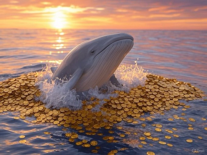 An AI-generated image (watermarked 'Grok') showing a whale breaching from the ocean at sunset, emerging from a massive pile of gold coins.