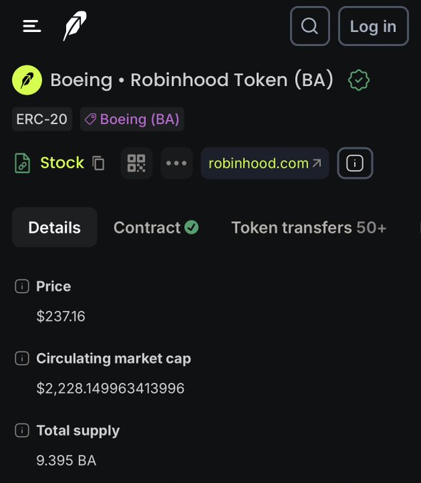 A screenshot of a Robinhood Token (BA) page for Boeing shows a price of $237.16, a circulating market cap of just $2.23, and a total supply of only 9.395 tokens, highlighting the extremely limited supply that the post criticizes as making the token practically unusable.