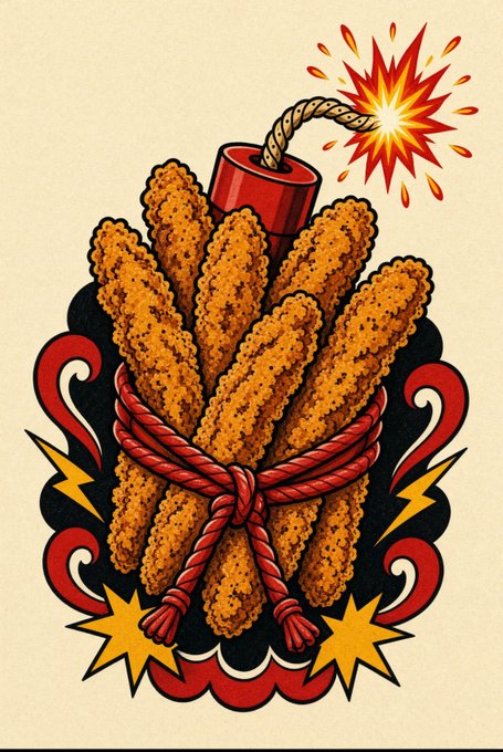 A vintage American traditional tattoo-style illustration depicting a bundle of dynamite sticks tied with red rope, featuring a lit fuse with a spark explosion, surrounded by lightning bolts and red banner accents.