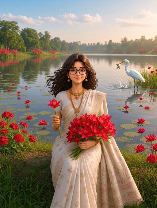 An illustration depicts a woman in a floral sari with glasses holding a bouquet of red flowers by a lake filled with red water lilies, while a white egret catches a fish in the background.