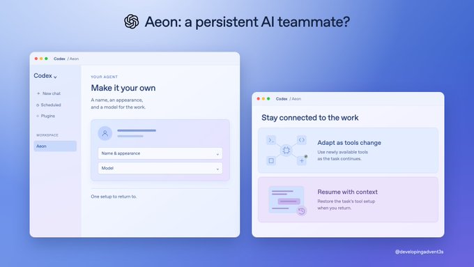A product mockup for 'Aeon: a persistent AI teammate?' showing a 'Codex' interface with options to customize an AI agent's appearance and model, alongside features like 'Adapt as tools change' and 'Resume with context'.