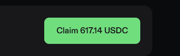 A dark interface displays a bright green button reading "Claim 617.14 USDC," representing the rewards the user has accumulated over 25 days of managing positions on Phoenix.