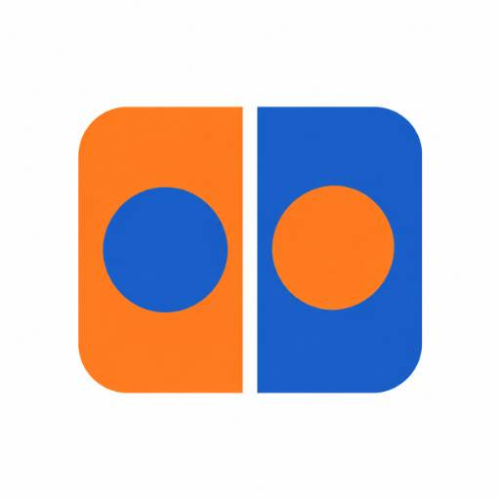 An orange and blue logo featuring two mirrored halves with circular dots, resembling a stylized app or brand icon.