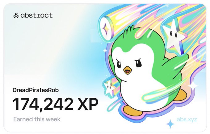 The image features a cartoon penguin with a green body and white belly, standing against a blue background. The penguin has a yellow beak and appears to be holding a star in its left hand while another star floats above it. In front of the penguin is a text that reads "DROAD Pirates' ROB 175,214 XP". This post seems to be related to an NFT collector or a gamer who has collected 175,214 XP points for their favorite game character. The image also includes a watermark that says "abstract" and "abstractchain".
