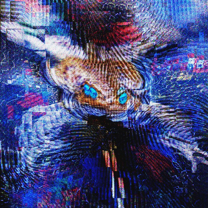 A vibrant, surrealistic digital artwork of a shell-like creature with glowing blue eyes against a swirling, glitchy background of deep blues, purples, and reds.