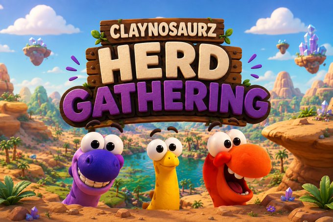 A vibrant promotional image for "Claynosaurz: Herd Gathering," featuring the text "CLAYNOSAURZ HERD GATHERING" prominently displayed on wooden signs above three colorful claymation dinosaur characters (purple, yellow, and red-orange) peering up cheerfully, set against a tropical landscape with floating islands. The scene ties directly to the post's announcement about an upcoming Herd Gathering event and hints at upcoming $HEEBOO token news and sale on August 25th.