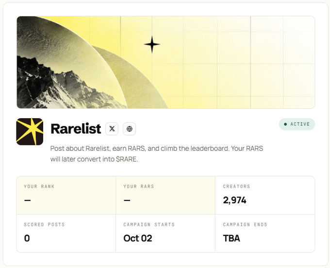 A dashboard widget for 'Rarelist' showing an active campaign with 2,974 creators, 0 scored posts, starting October 2nd, where users post about Rarelist to earn RARS tokens.