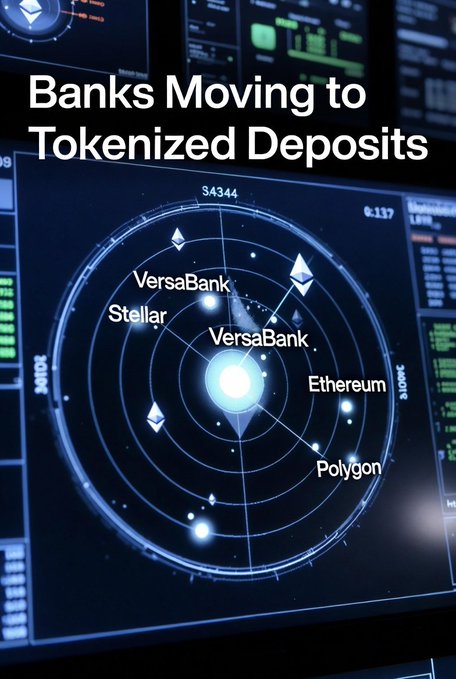 The image shows a computer screen displaying a map of a virtual space filled with different sectors. These sectors represent various cryptocurrencies, including Ripple, Bitcoin, and Ethereum. The words "banks moving to tokenized deposits" are overlaid on this virtual space layout, indicating that the banking world is shifting towards digital currency forms of exchange.

In the image, there's also text explaining what the virtual map illustrates: "VirtuaBank is pioneering tokenized banking!", which suggests that a digital tokenization system has been implemented by a bank to facilitate transactions using these cryptocurrencies. The post includes details about this new system, such as a $4.58B Canadian bank launching a successful pilot on Algorand, Ethereum, and Stellar, indicating the benefits of tokenized deposits for both users and financial institutions.