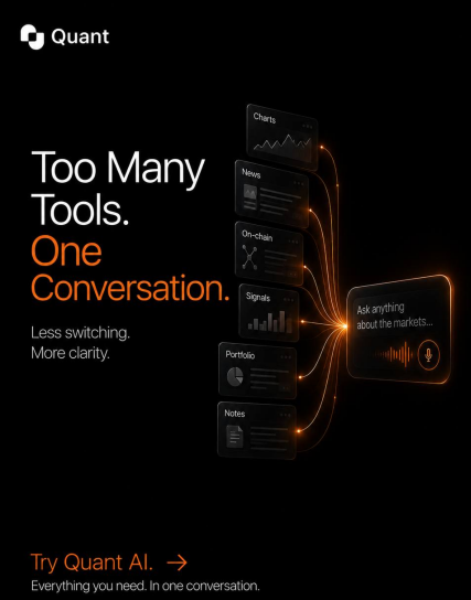 An advertisement for 'Quant' featuring the tagline 'Too Many Tools. One Conversation. Less switching. More clarity.' with a visual of various tools (Charts, News, On-chain, Signals, Portfolio, Notes) converging into a single voice interface, and a call to 'Try Quant AI.'