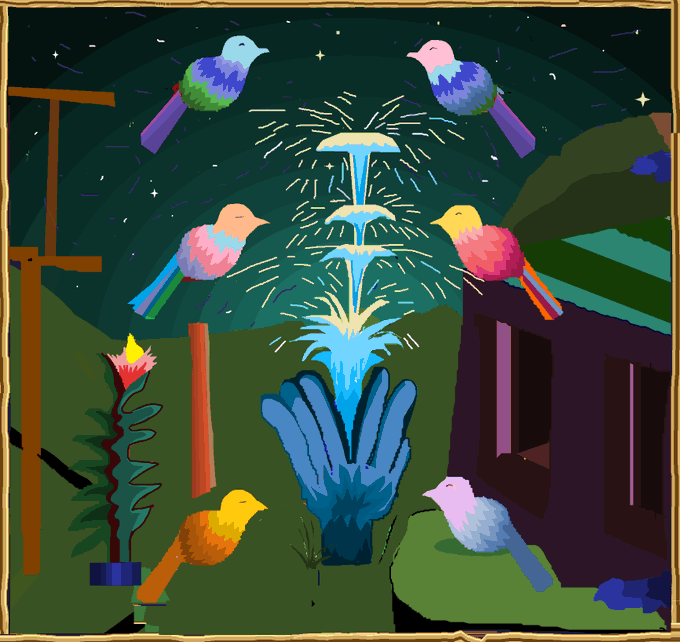 A colorful digital painting depicting a night scene with six vibrantly colored birds surrounding a glowing blue fountain, set against a starry sky with green hills.