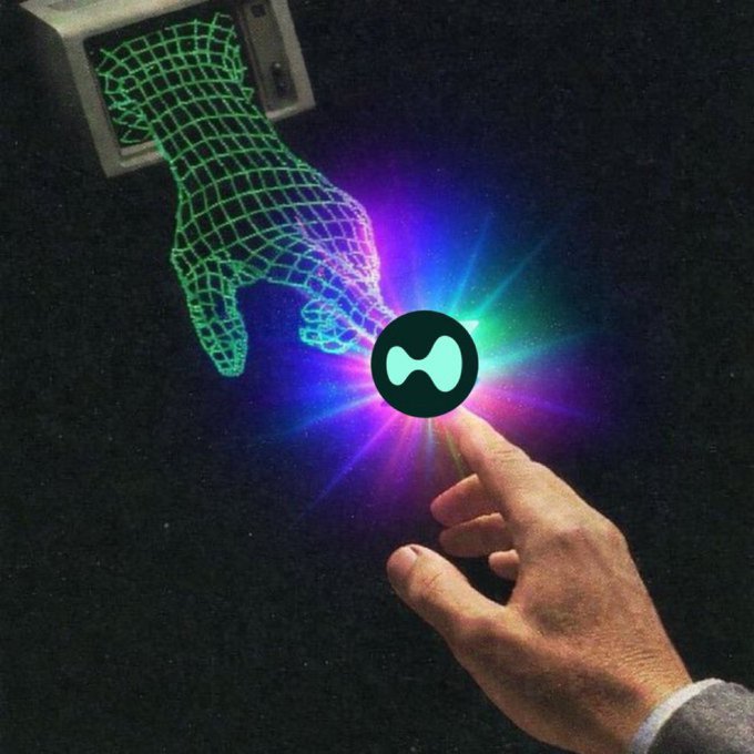 The image shows a human hand reaching toward a glowing, holographic digital hand emerging from a computer screen, with a circular green logo between their fingertips, symbolizing a digital handshake or connection — likely representing Hyperliquid's bridging of traditional and decentralized finance.
