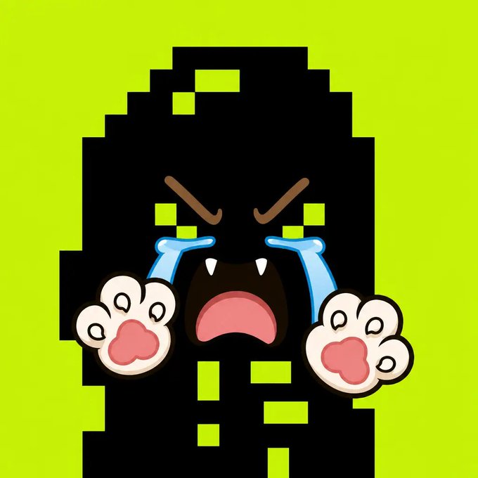A pixelated black crying figure on a bright yellow-green background, with angry eyebrows, streams of tears, and paws raised to a wide-open mouth.