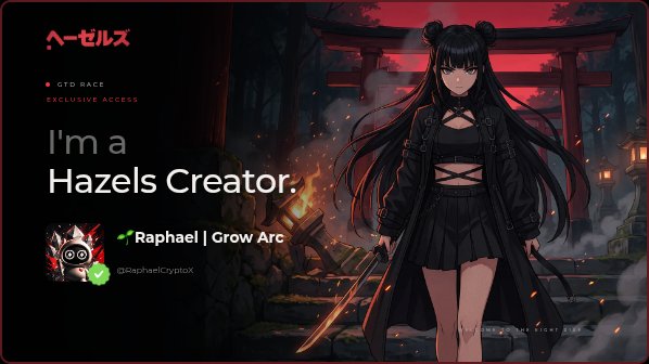 A promotional graphic titled 'I'm a Hazels Creator' featuring an anime-style female character with long black hair in a dark outfit, set against a Japanese shrine backdrop with a red torii gate.