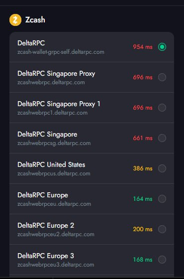 A Zcash node selection screen displaying DeltaRPC server options with response times in milliseconds, with DeltaRPC (zcash-wallet.grpc.self.deltarpc.com) selected at 954 ms, alongside Singapore, United States, and Europe proxy servers showing latencies ranging from 164 ms to 696 ms.