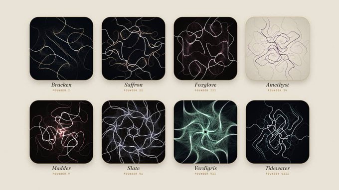 A collection of eight NFT-style tiles titled 'Bracken', 'Saffron', 'Foxglove', 'Amethyst', 'Madder', 'Slate', 'Verdigris', and 'Tidewater' (Founder I-VIII), each featuring abstract swirling line patterns in various colors.