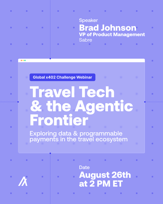 A purple promotional graphic for the "Global x402 Challenge Webinar" titled "Travel Tech & the Agentic Frontier," featuring speaker Brad Johnson, VP of Product Management at Sabre, on August 26th at 2 PM ET. The design, set against a dotted background, advertises Sabre's role as a partner in exploring data and programmable payments within the travel ecosystem.