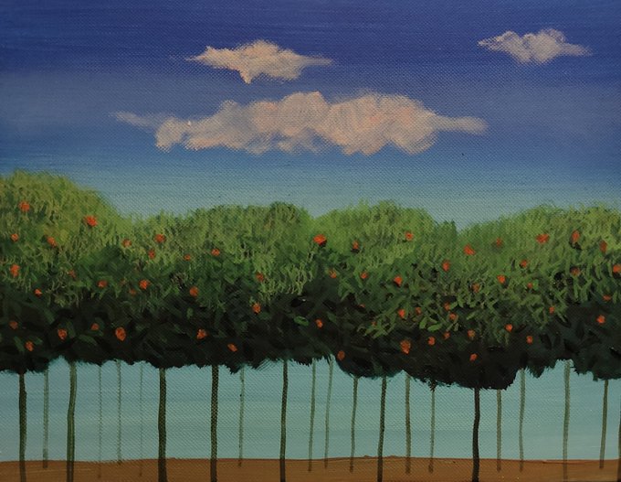 A painting of a row of green, leafy trees with red accents against a blue sky with pink clouds.