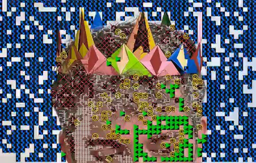 The image features a graphic representation of a person's face, possibly a man, wearing a crown made out of paper on their head. The crown has multiple layers and colors, adding an artistic touch to the design. In addition to the intricate crown, there are also various shapes such as stars and diamonds scattered throughout the face. This unique design showcases creativity and attention to detail in its construction.

The image is associated with a post by @demonegoo, who has created this visual artwork that appears to be related to the original poster's work on madacollects. The poster contains an image of a man wearing a crown made out of paper on his head, along with some text indicating that the artist created it and is seeking payment in the form of ethically donated credits or rarities.
