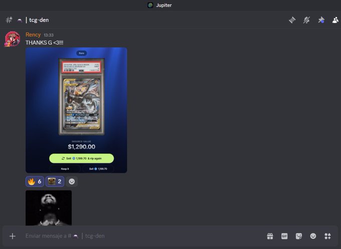 A Discord chat screenshot shows a user named "Rency" thanking another user with "<3!!!" and sharing an image of a Pokémon card with a registered value of $1,290.00, priced at $1,199.70.
