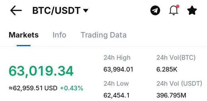 BTC/USDT trading screen showing the current price at $63,019.34, up +0.43%, with a 24h high of $63,994.01 and 24h low of $62,454.1. The image illustrates the gap between Bitcoin's current price and the poster's optimistic hope for BTC to return to $100,000.