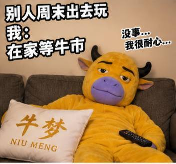 A meme featuring a yellow cow mascot lounging on a couch holding a remote, with Chinese text saying "别人周末出去玩 我: 在家等牛市" (Others go out on weekends, me: waiting at home for the bull market) and "没事... 我很耐心..." (No worries... I'm very patient...), with a pillow labeled "牛梦 NIU MENG".